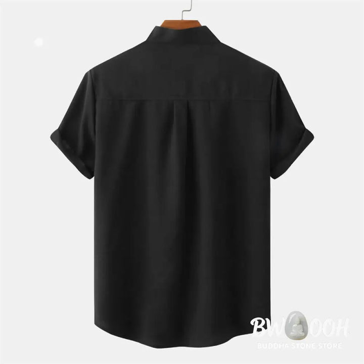 Buddha Stones Summer Men’s Button Plain Short Sleeve Cotton Shirt With Pocket - Men’s Shirts
