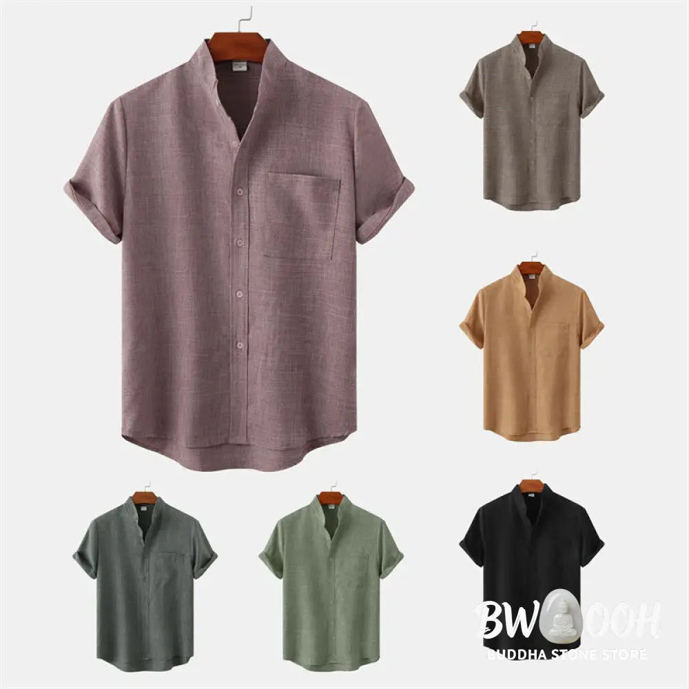 Buddha Stones Summer Men’s Button Plain Short Sleeve Cotton Shirt With Pocket - Men’s Shirts