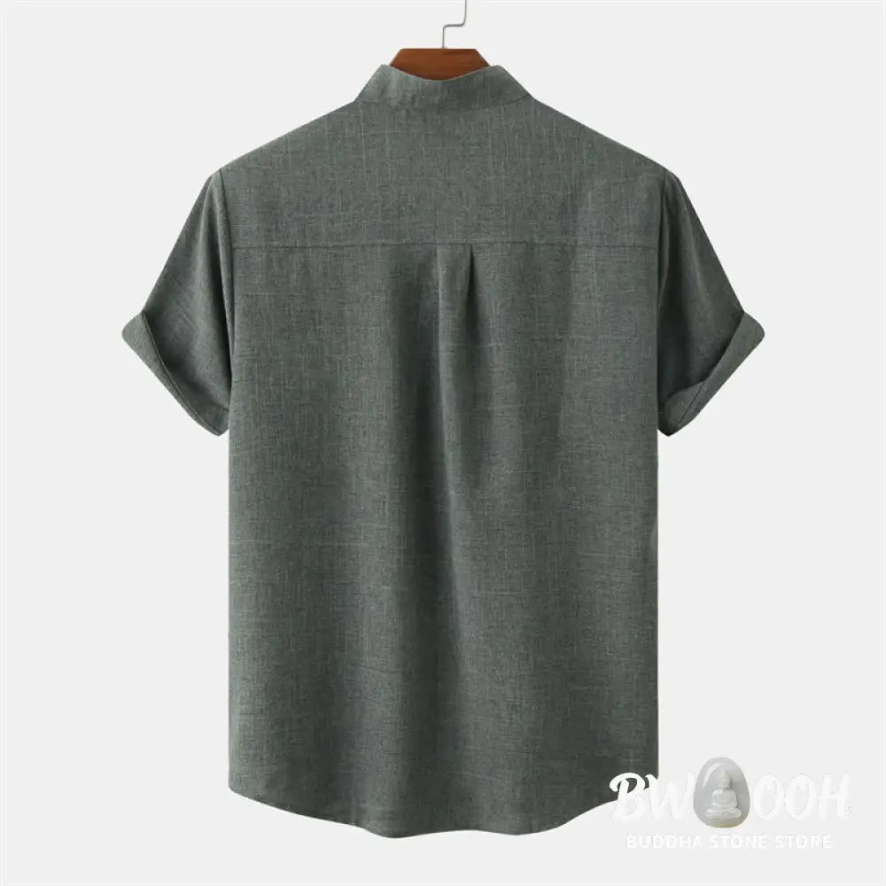 Buddha Stones Summer Men’s Button Plain Short Sleeve Cotton Shirt With Pocket - Men’s Shirts