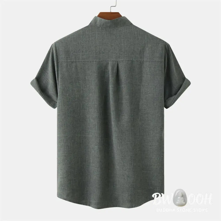 Buddha Stones Summer Men’s Button Plain Short Sleeve Cotton Shirt With Pocket - Men’s Shirts