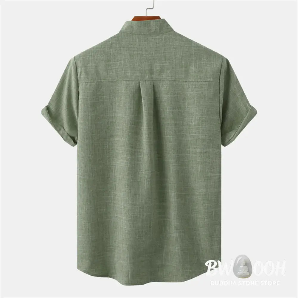 Buddha Stones Summer Men’s Button Plain Short Sleeve Cotton Shirt With Pocket - Men’s Shirts