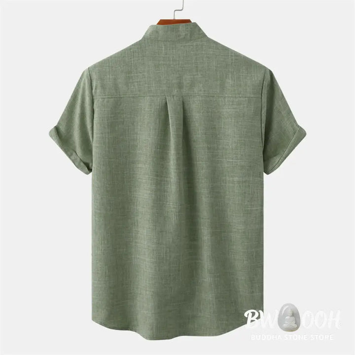 Buddha Stones Summer Men’s Button Plain Short Sleeve Cotton Shirt With Pocket - Men’s Shirts