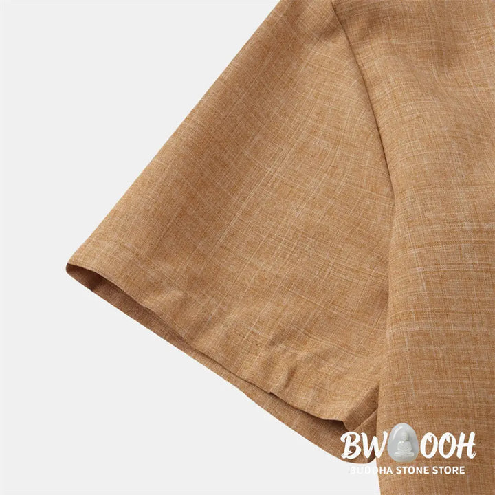 Buddha Stones Summer Men’s Button Plain Short Sleeve Cotton Shirt With Pocket - Men’s Shirts