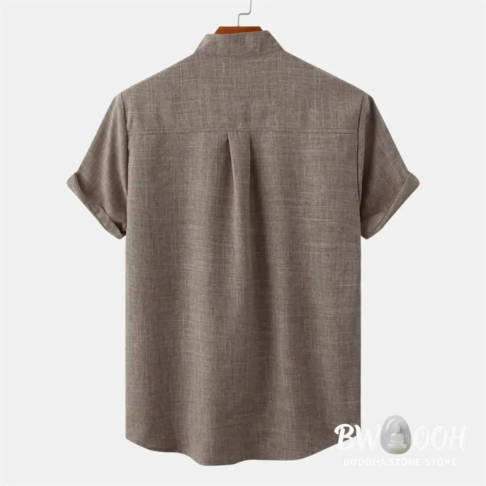 Buddha Stones Summer Men’s Button Plain Short Sleeve Cotton Shirt With Pocket - Men’s Shirts