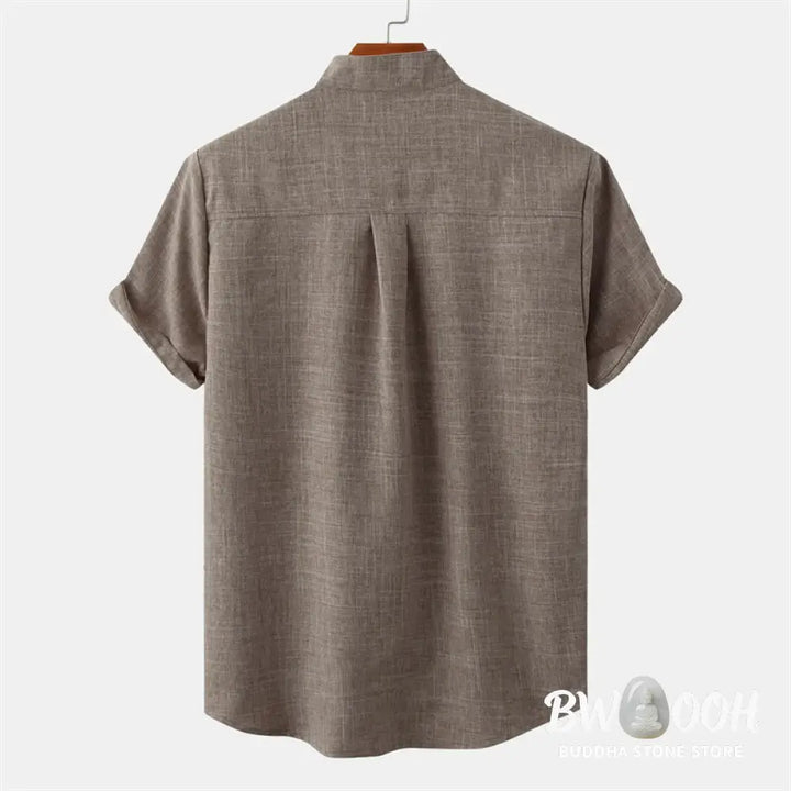 Buddha Stones Summer Men’s Button Plain Short Sleeve Cotton Shirt With Pocket - Men’s Shirts