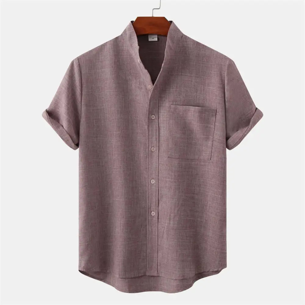 Buddha Stones Summer Men’s Button Plain Short Sleeve Cotton Shirt With Pocket - Tan / US/UK/AU36，EU46 (L) - Men’s Shirts