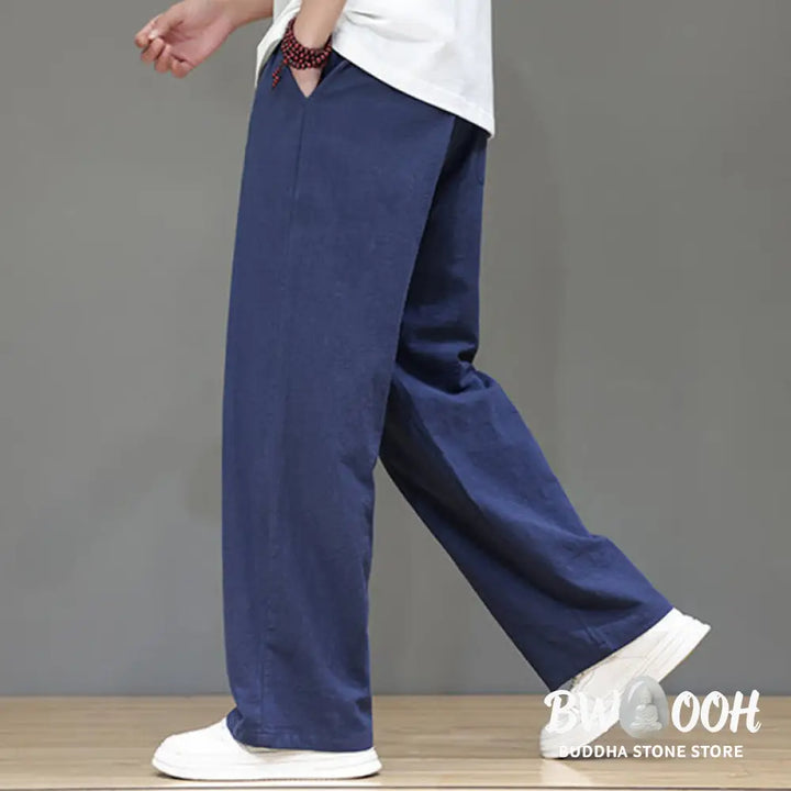 Buddha Stones Summer Men’s Cotton Linen Straight Leg Pants With Pockets - Men’s Pants