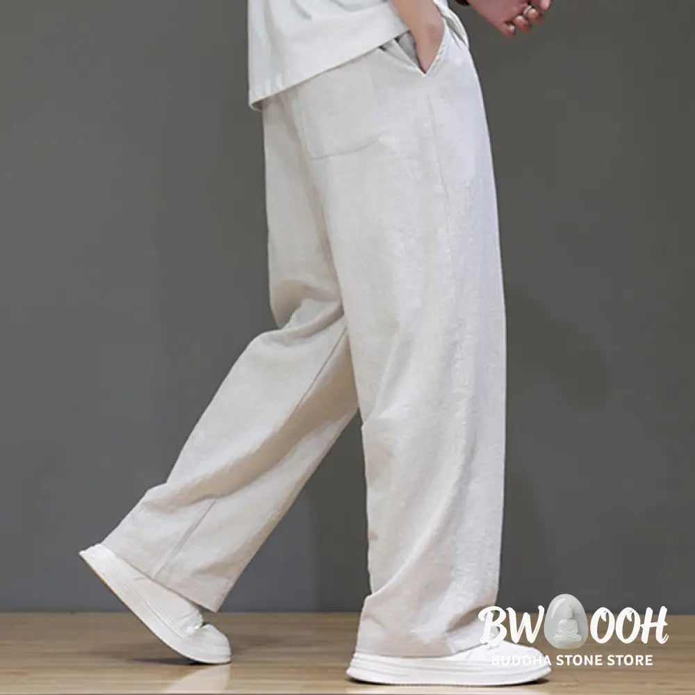 Buddha Stones Summer Men’s Cotton Linen Straight Leg Pants With Pockets - Men’s Pants