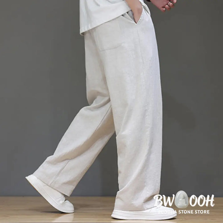 Buddha Stones Summer Men’s Cotton Linen Straight Leg Pants With Pockets - Men’s Pants
