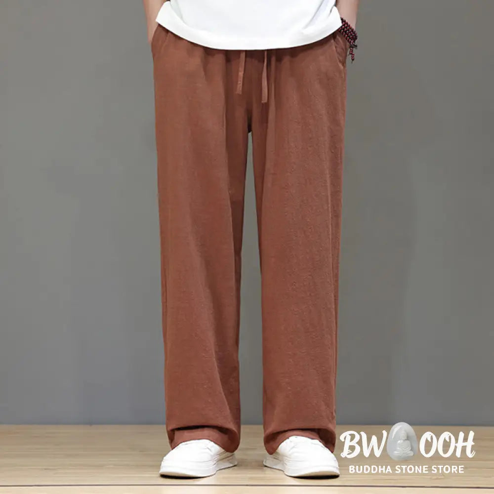 Buddha Stones Summer Men’s Cotton Linen Straight Leg Pants With Pockets - Men’s Pants
