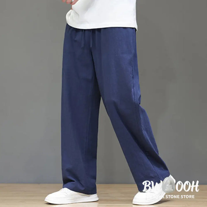 Buddha Stones Summer Men’s Cotton Linen Straight Leg Pants With Pockets - Men’s Pants