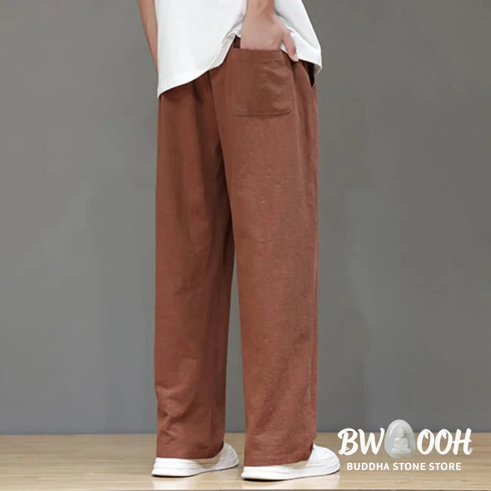 Buddha Stones Summer Men’s Cotton Linen Straight Leg Pants With Pockets - Men’s Pants