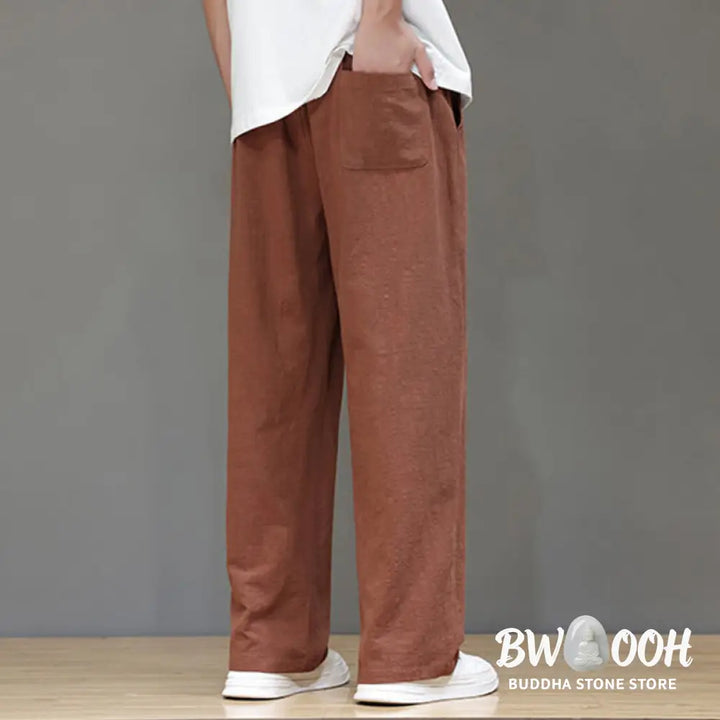 Buddha Stones Summer Men’s Cotton Linen Straight Leg Pants With Pockets - Men’s Pants