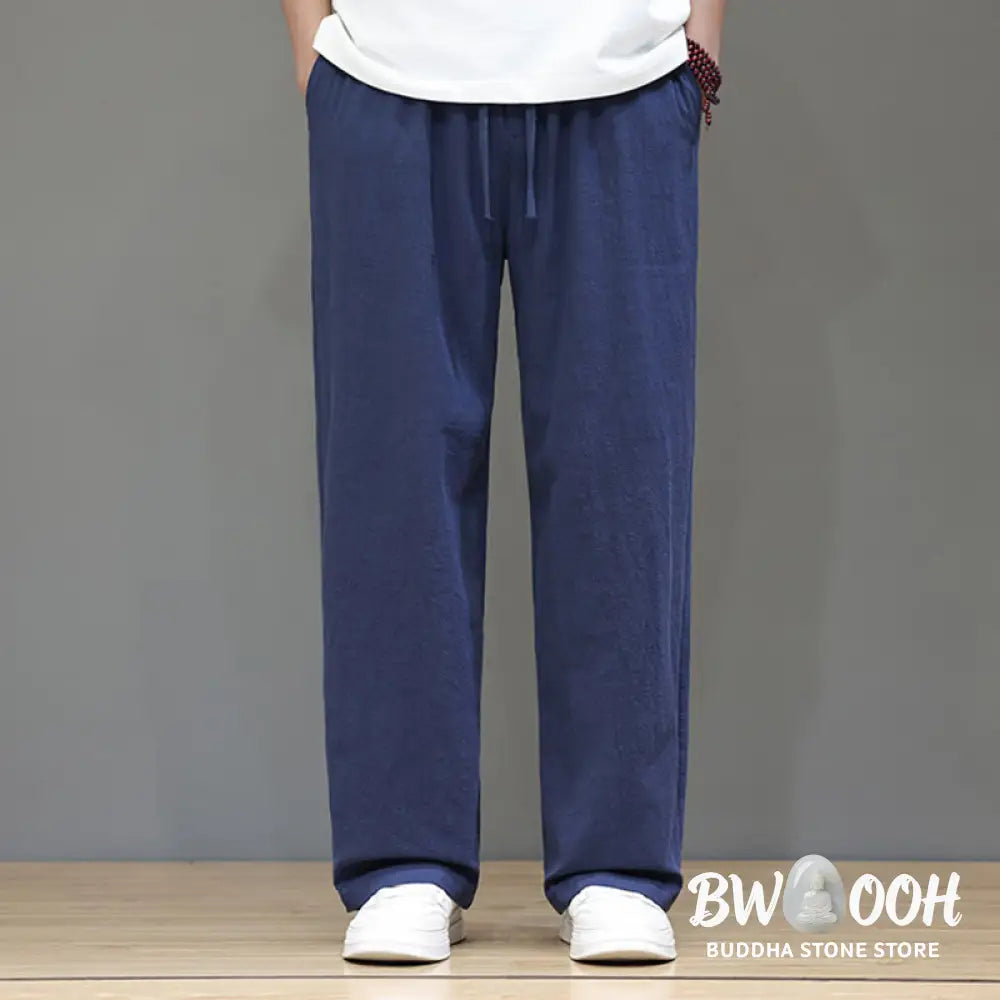 Buddha Stones Summer Men’s Cotton Linen Straight Leg Pants With Pockets - Men’s Pants