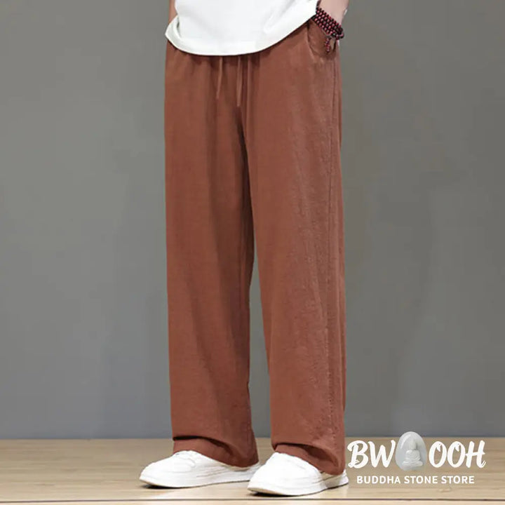 Buddha Stones Summer Men’s Cotton Linen Straight Leg Pants With Pockets - Men’s Pants