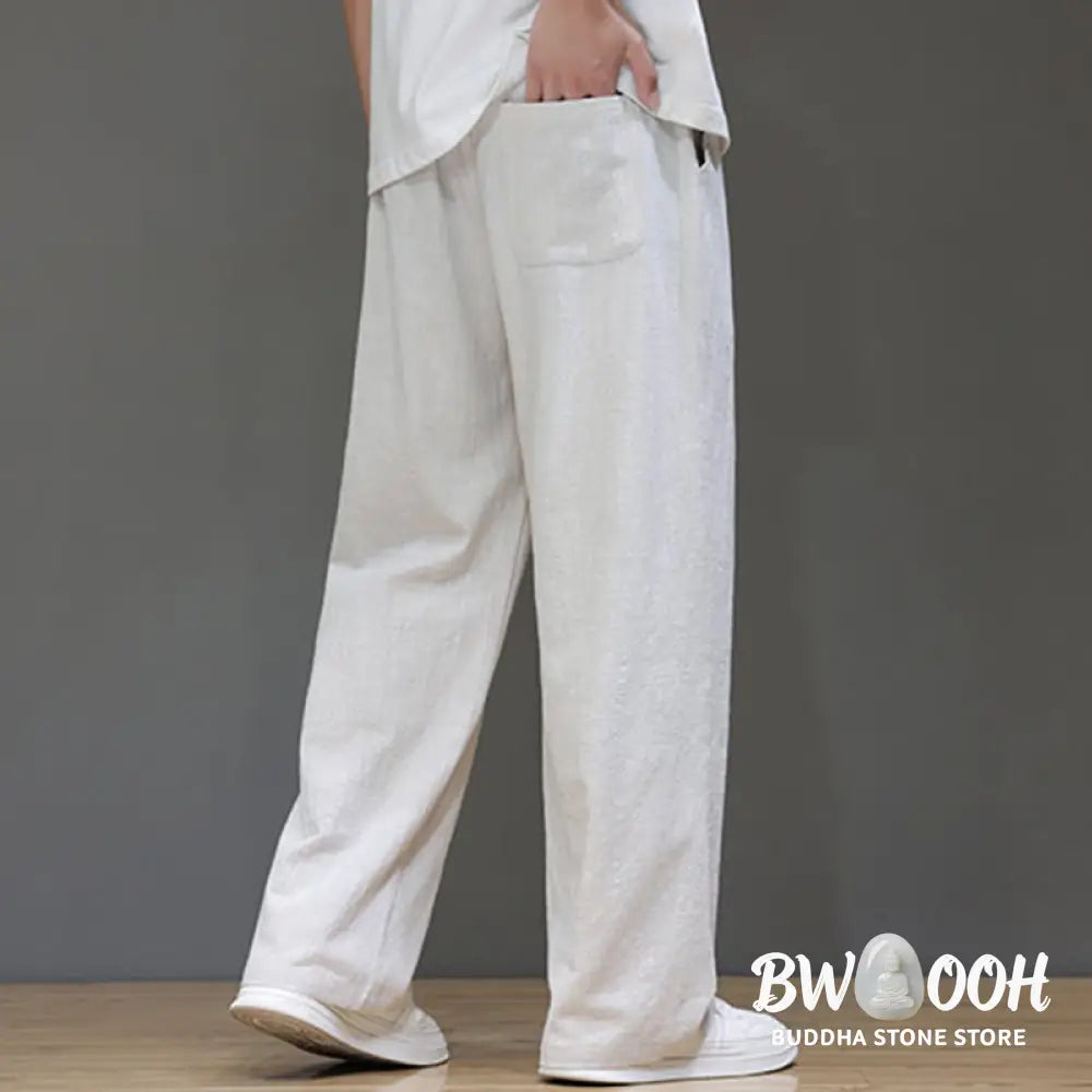 Buddha Stones Summer Men’s Cotton Linen Straight Leg Pants With Pockets - Men’s Pants