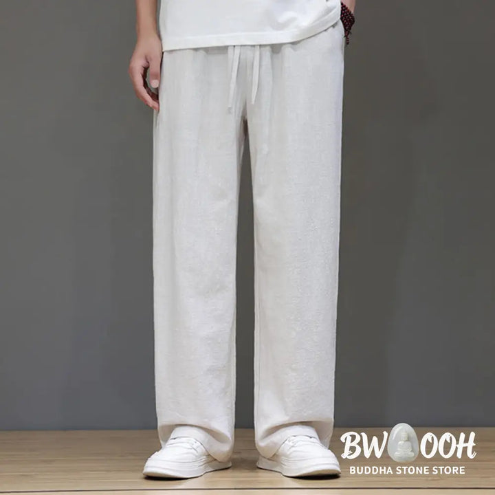 Buddha Stones Summer Men’s Cotton Linen Straight Leg Pants With Pockets - Men’s Pants