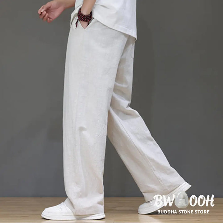 Buddha Stones Summer Men’s Cotton Linen Straight Leg Pants With Pockets - Men’s Pants