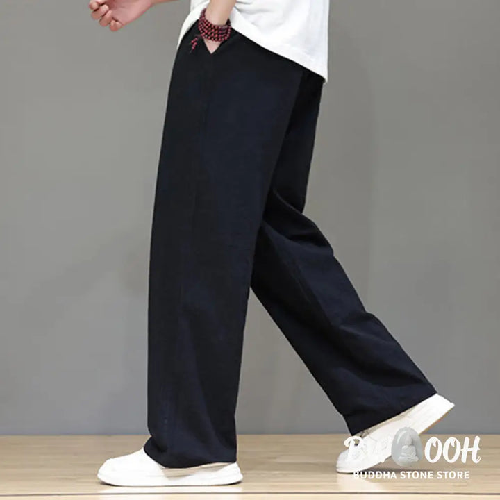 Buddha Stones Summer Men’s Cotton Linen Straight Leg Pants With Pockets - Men’s Pants