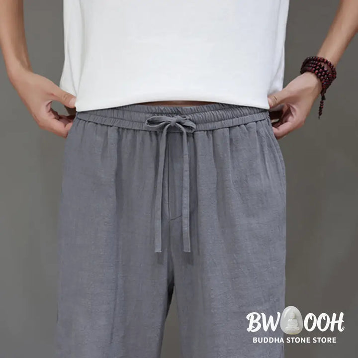 Buddha Stones Summer Men’s Cotton Linen Straight Leg Pants With Pockets - Men’s Pants