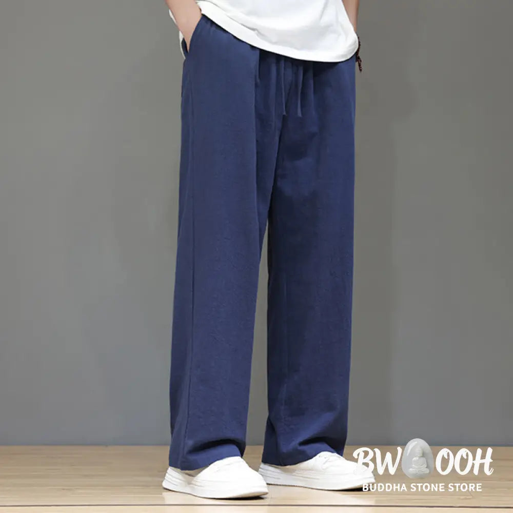 Buddha Stones Summer Men’s Cotton Linen Straight Leg Pants With Pockets - Men’s Pants