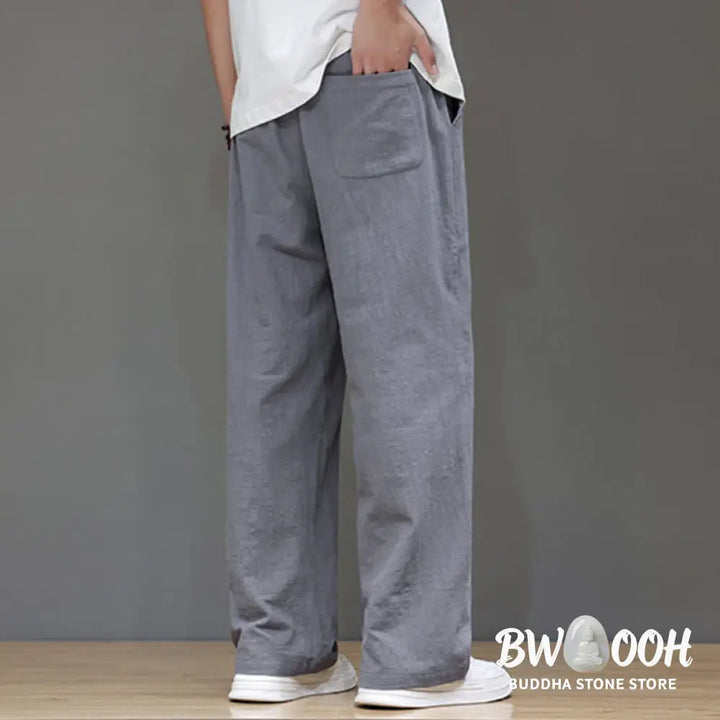 Buddha Stones Summer Men’s Cotton Linen Straight Leg Pants With Pockets - Men’s Pants
