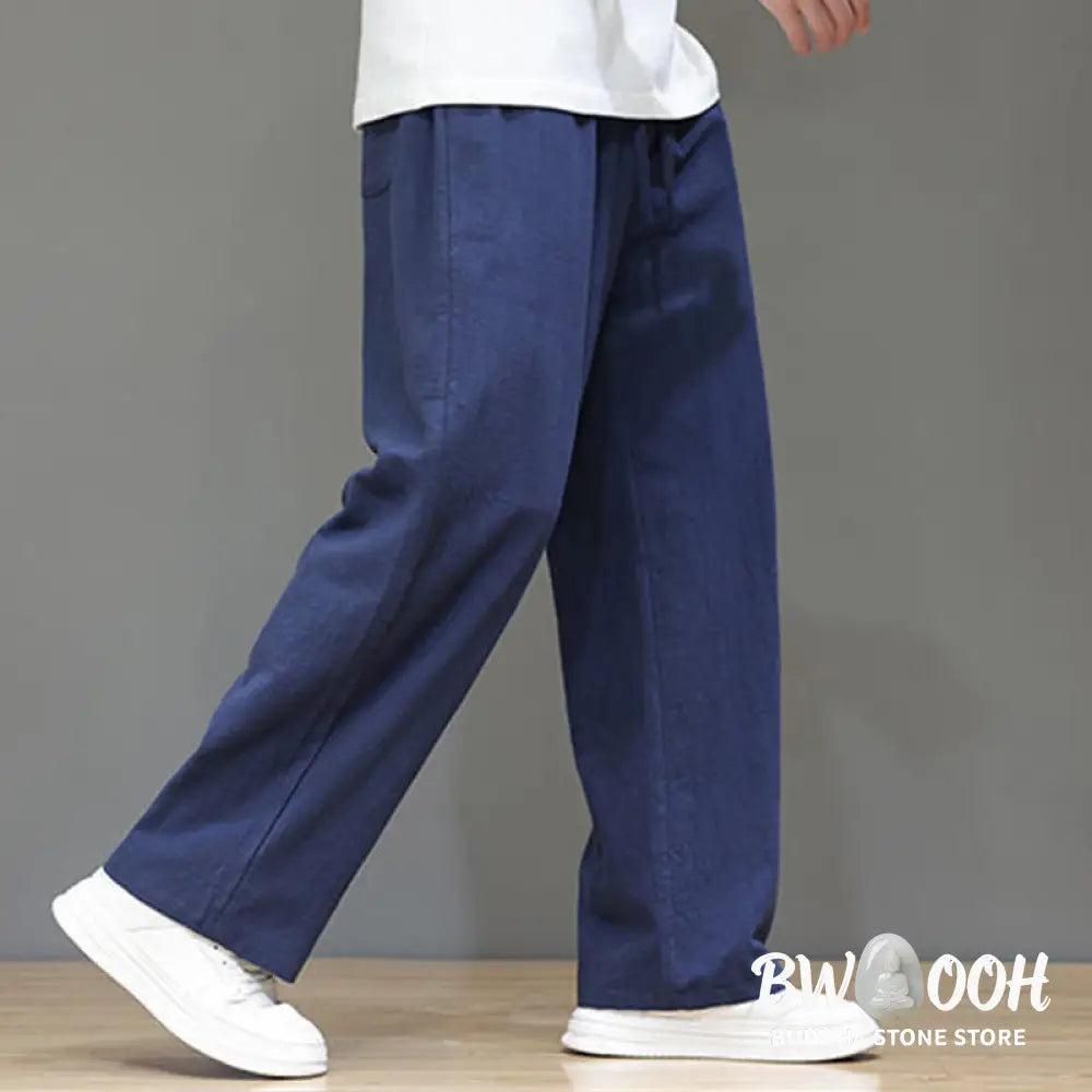 Buddha Stones Summer Men’s Cotton Linen Straight Leg Pants With Pockets - Men’s Pants