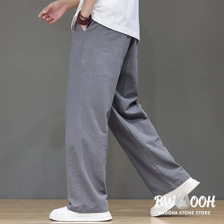 Buddha Stones Summer Men’s Cotton Linen Straight Leg Pants With Pockets - Men’s Pants