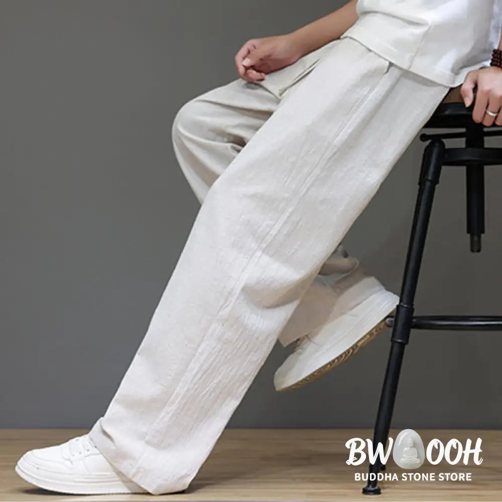 Buddha Stones Summer Men’s Cotton Linen Straight Leg Pants With Pockets - Men’s Pants
