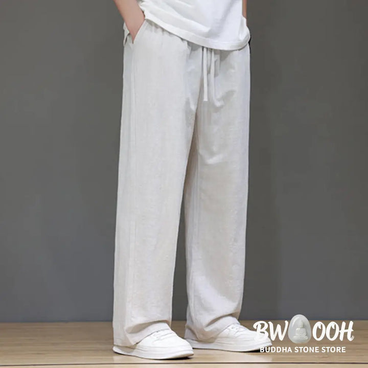 Buddha Stones Summer Men’s Cotton Linen Straight Leg Pants With Pockets - Men’s Pants