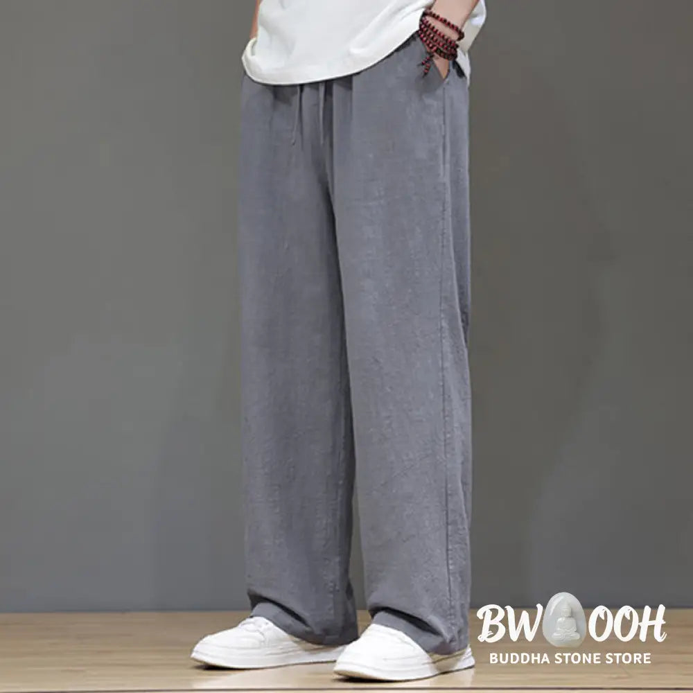 Buddha Stones Summer Men’s Cotton Linen Straight Leg Pants With Pockets - Men’s Pants