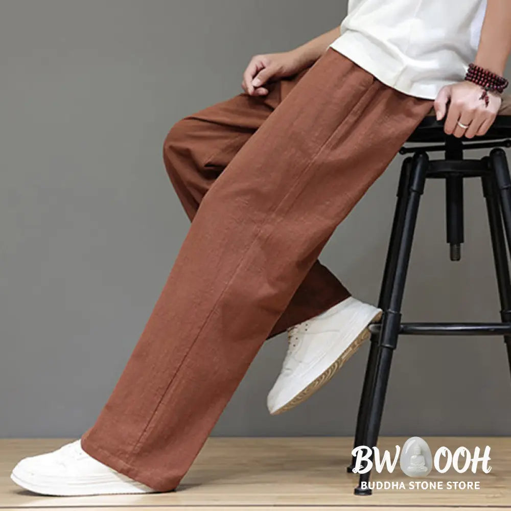 Buddha Stones Summer Men’s Cotton Linen Straight Leg Pants With Pockets - Men’s Pants