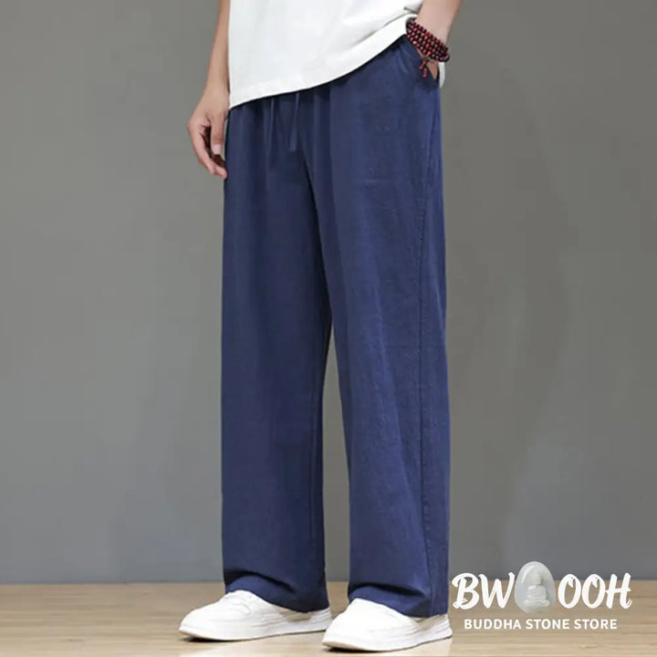 Buddha Stones Summer Men’s Cotton Linen Straight Leg Pants With Pockets - Men’s Pants