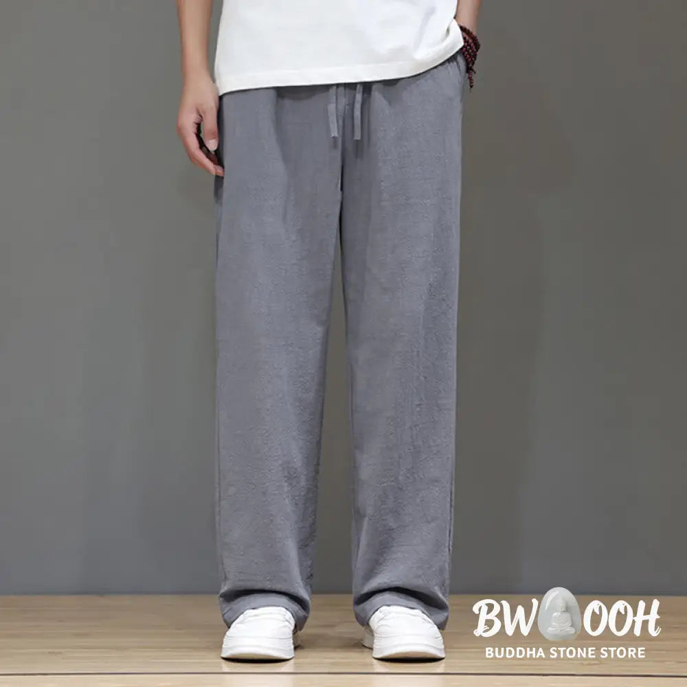 Buddha Stones Summer Men’s Cotton Linen Straight Leg Pants With Pockets - Men’s Pants