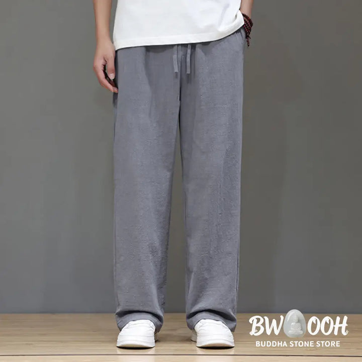Buddha Stones Summer Men’s Cotton Linen Straight Leg Pants With Pockets - Men’s Pants