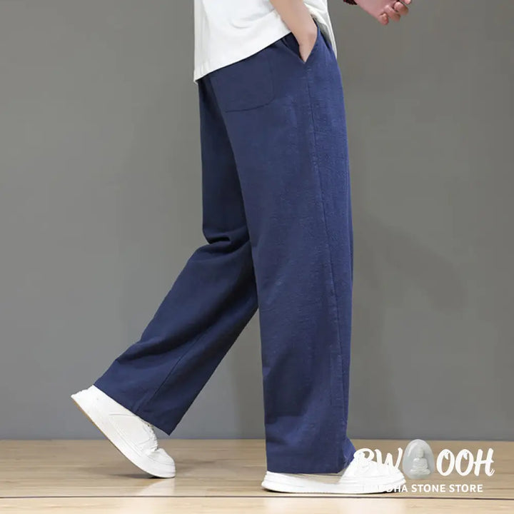 Buddha Stones Summer Men’s Cotton Linen Straight Leg Pants With Pockets - Men’s Pants