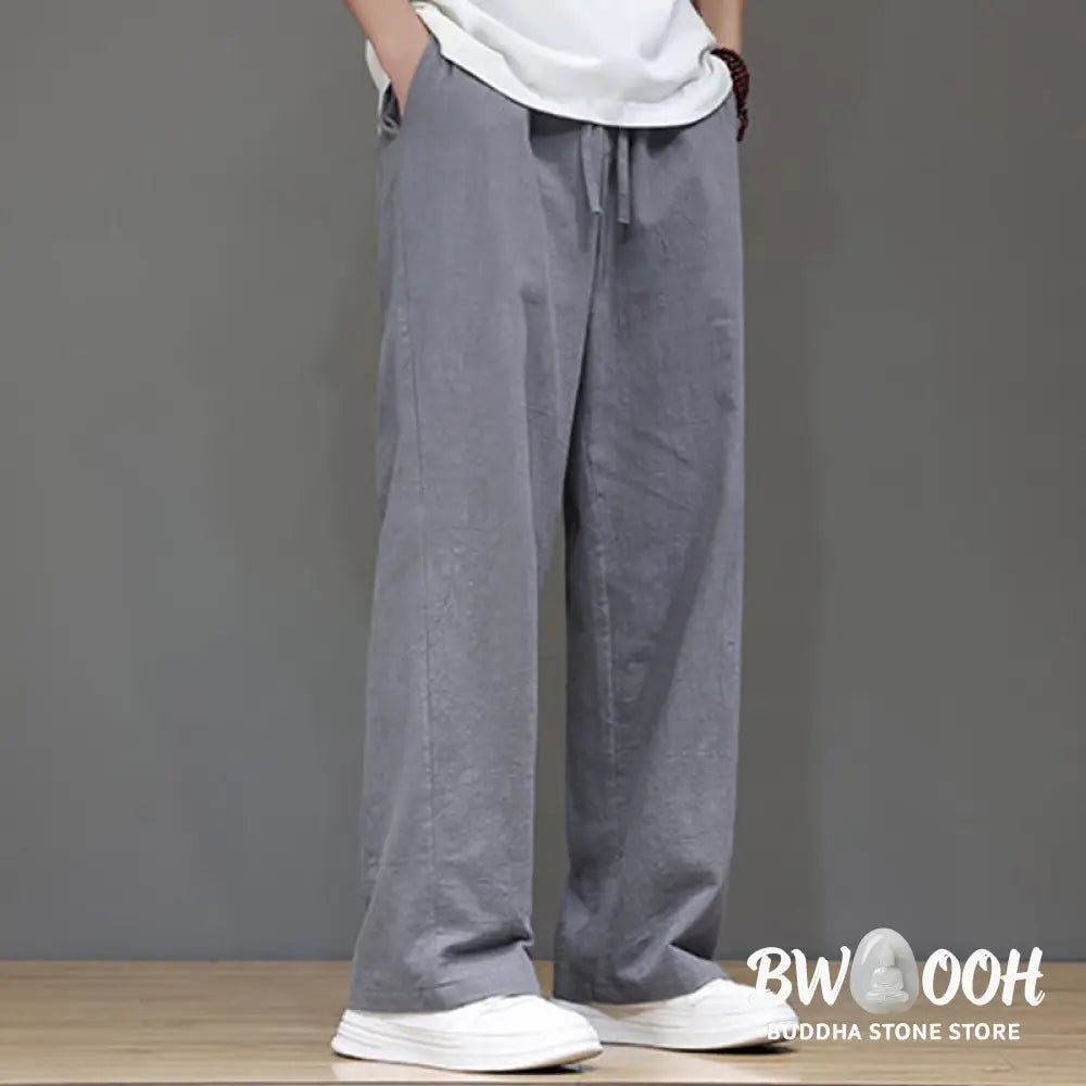Buddha Stones Summer Men’s Cotton Linen Straight Leg Pants With Pockets - Men’s Pants