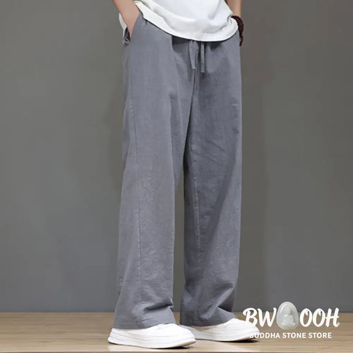 Buddha Stones Summer Men’s Cotton Linen Straight Leg Pants With Pockets - Men’s Pants
