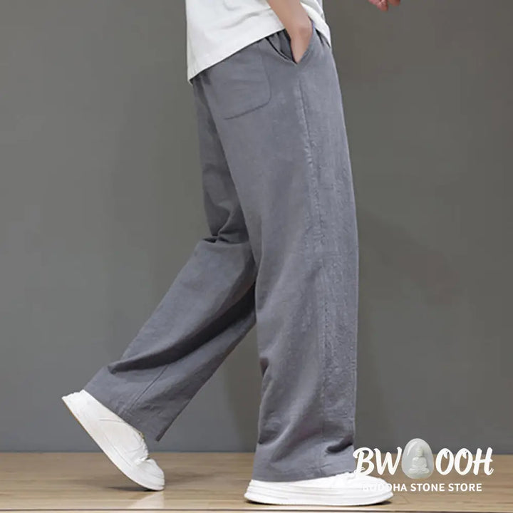 Buddha Stones Summer Men’s Cotton Linen Straight Leg Pants With Pockets - Men’s Pants