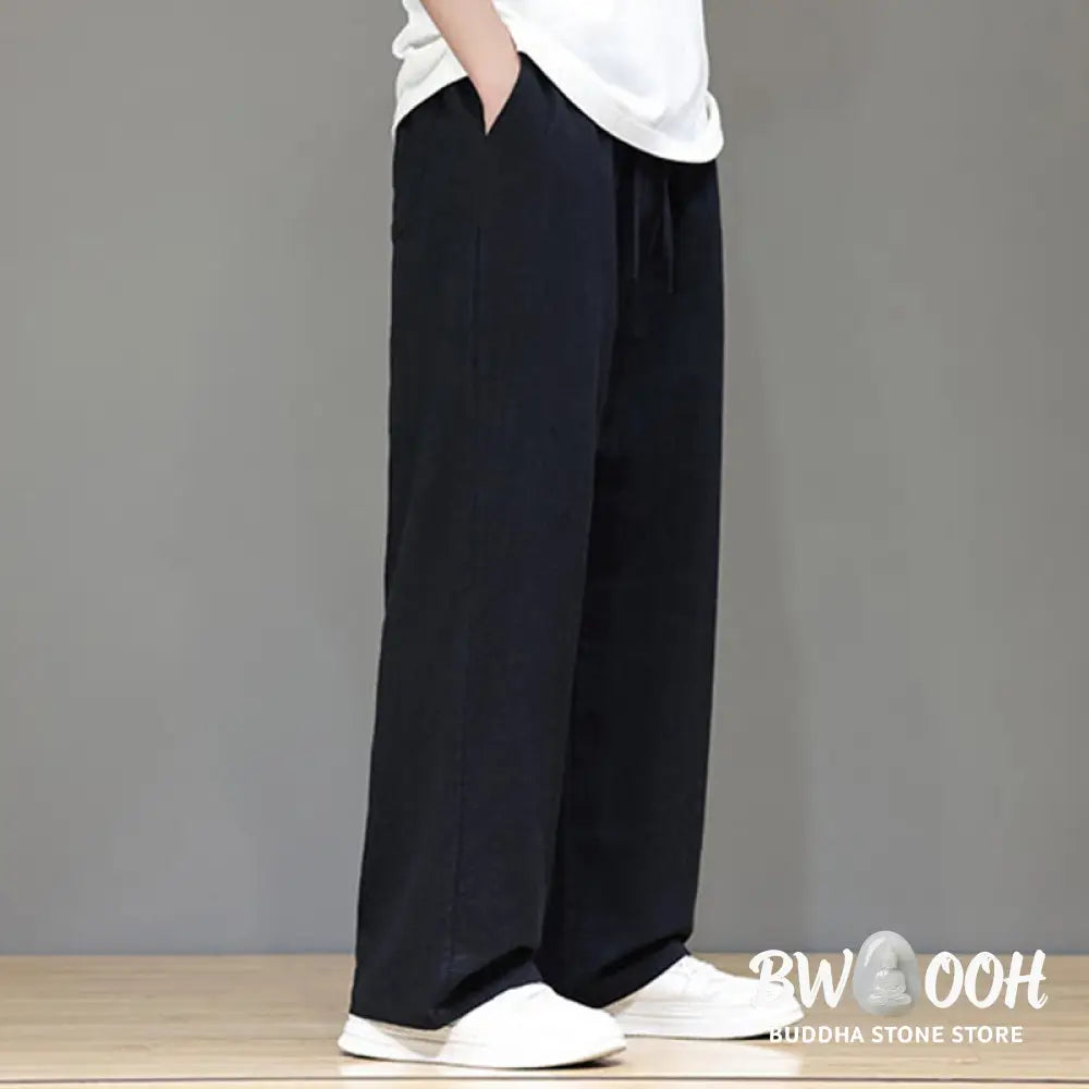 Buddha Stones Summer Men’s Cotton Linen Straight Leg Pants With Pockets - Men’s Pants