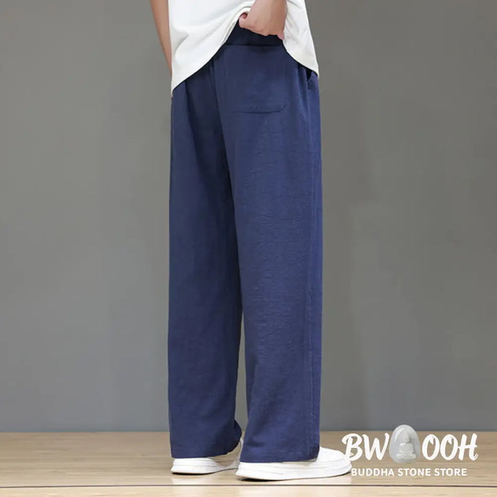 Buddha Stones Summer Men’s Cotton Linen Straight Leg Pants With Pockets - Men’s Pants