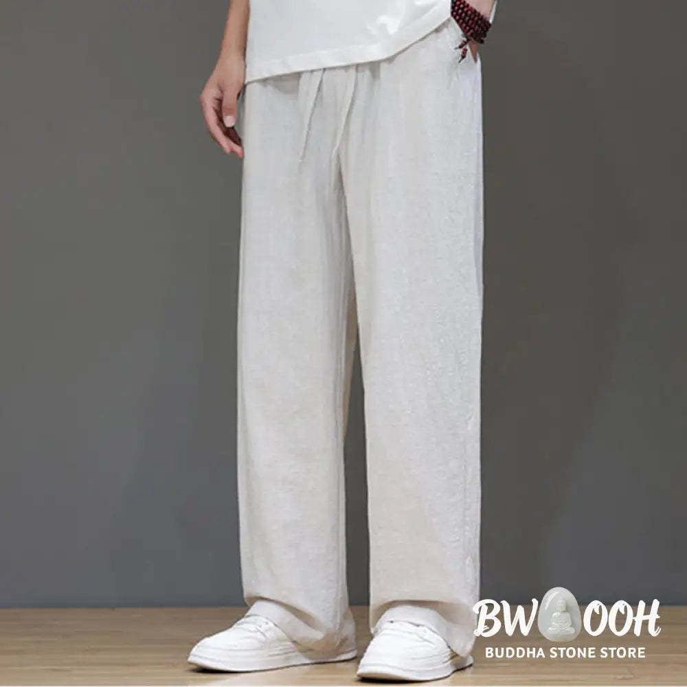 Buddha Stones Summer Men’s Cotton Linen Straight Leg Pants With Pockets - Men’s Pants