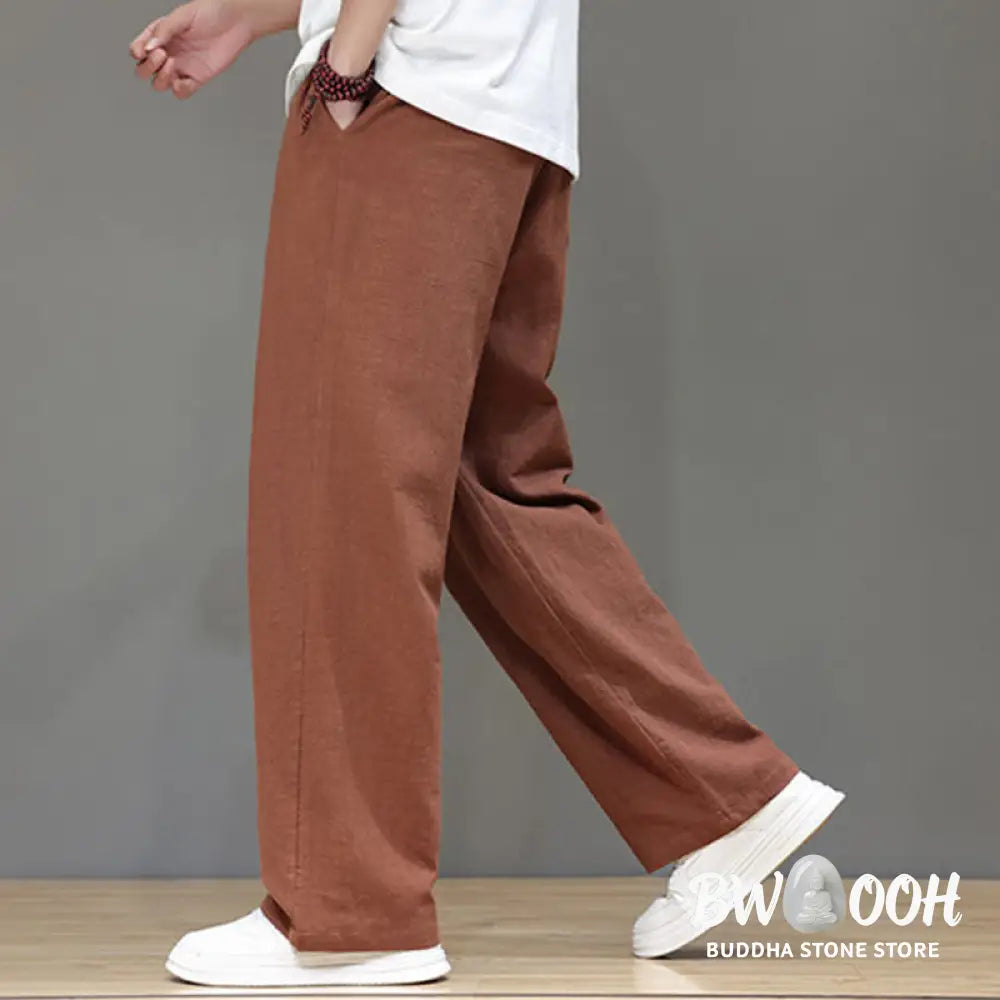 Buddha Stones Summer Men’s Cotton Linen Straight Leg Pants With Pockets - Men’s Pants
