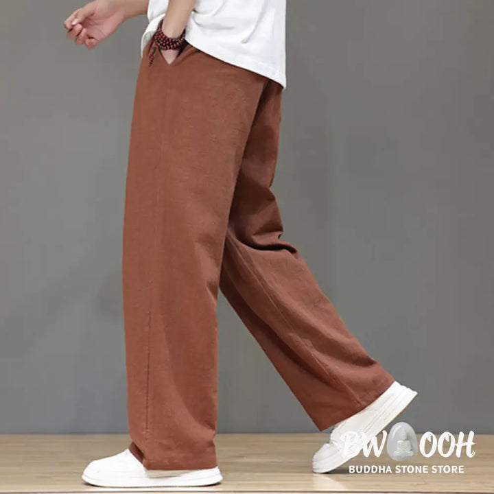 Buddha Stones Summer Men’s Cotton Linen Straight Leg Pants With Pockets - Men’s Pants