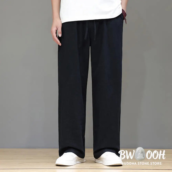 Buddha Stones Summer Men’s Cotton Linen Straight Leg Pants With Pockets - Men’s Pants