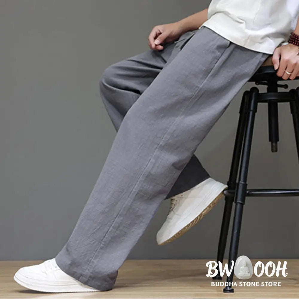 Buddha Stones Summer Men’s Cotton Linen Straight Leg Pants With Pockets - Men’s Pants