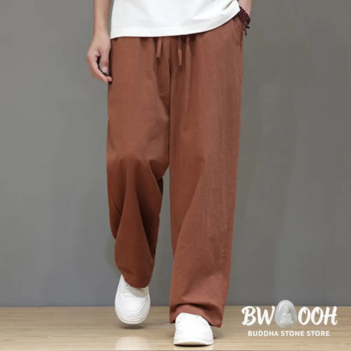 Buddha Stones Summer Men’s Cotton Linen Straight Leg Pants With Pockets - Men’s Pants