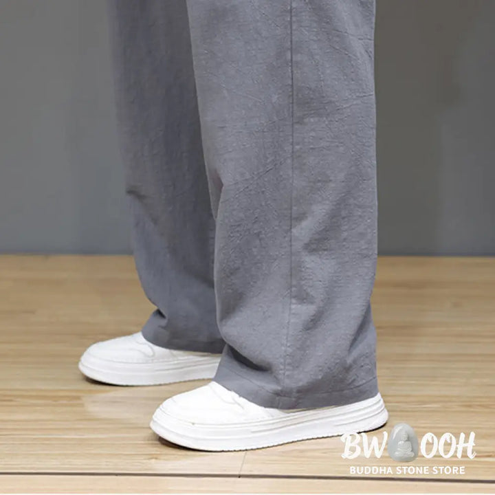 Buddha Stones Summer Men’s Cotton Linen Straight Leg Pants With Pockets - Men’s Pants
