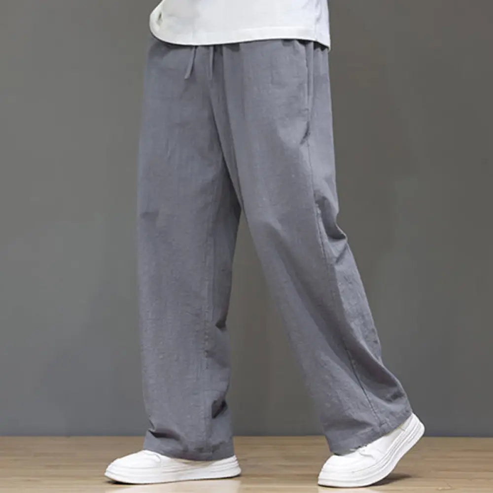 Buddha Stones Summer Men’s Cotton Linen Straight Leg Pants With Pockets - Gray / US/UK/AU36，EU46 (L) - Men’s Pants