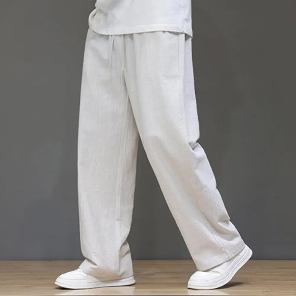 Buddha Stones Summer Men’s Cotton Linen Straight Leg Pants With Pockets - Linen / US/UK/AU36，EU46 (L) - Men’s Pants